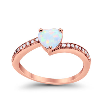 Heart Promise Ring Rose Tone, Lab Created White Opal 925 Sterling Silver